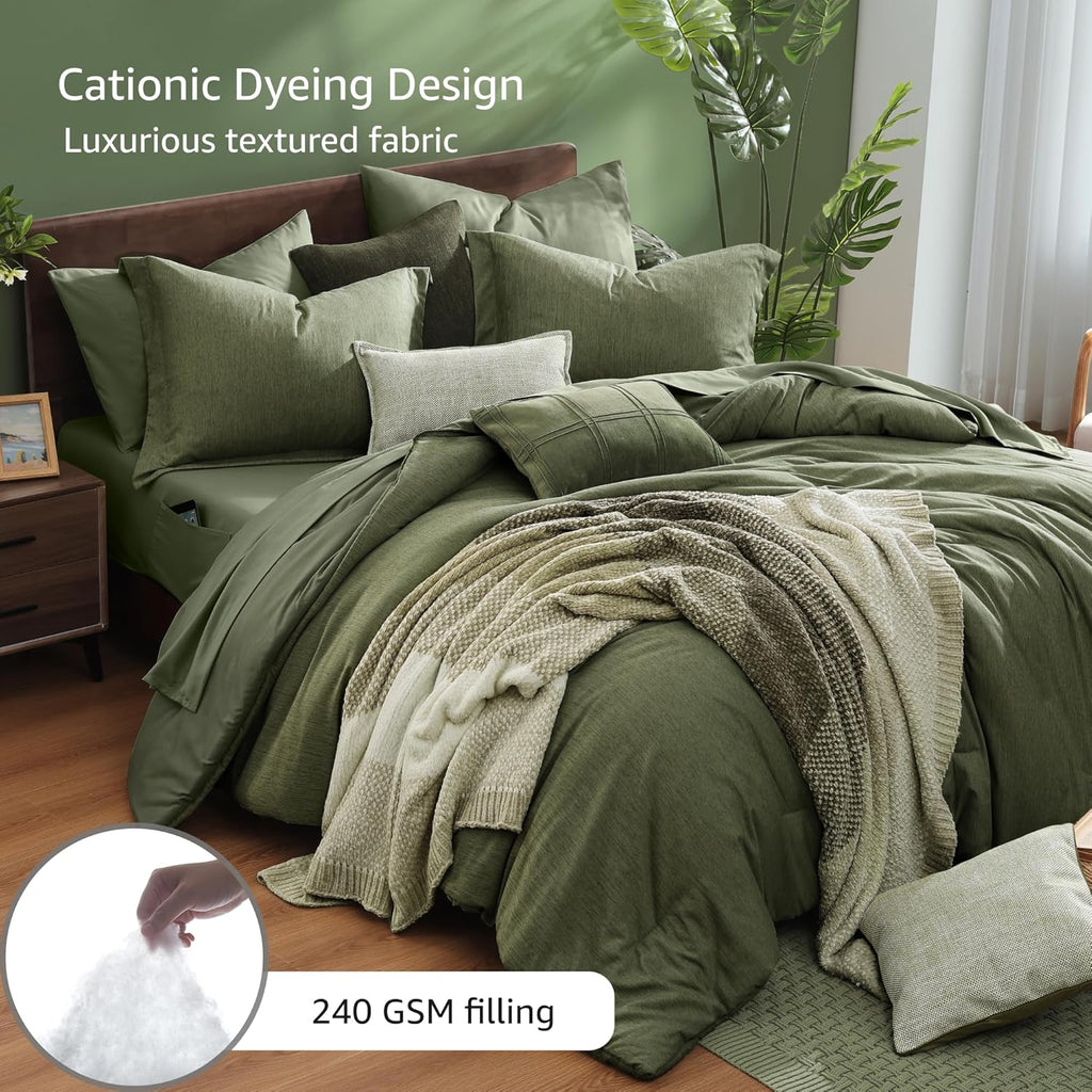 Monbix Queen Comforter Set - 7 Pieces Cationic Dyeing Olive Green Bed in a Bag Queen Bedding Sets with Comforter, Sheets, Pillowcases & Shams, Reversible Bedding Comforters Sets