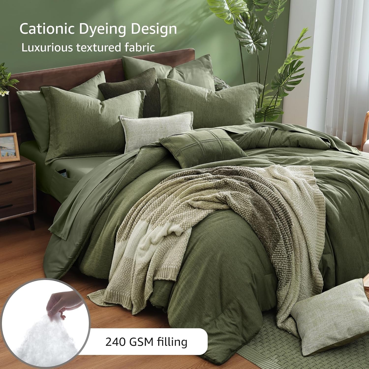 Monbix Queen Comforter Set - 7 Pieces Cationic Dyeing Olive Green Bed in a Bag Queen Bedding Sets with Comforter, Sheets, Pillowcases & Shams, Reversible Bedding Comforters Sets