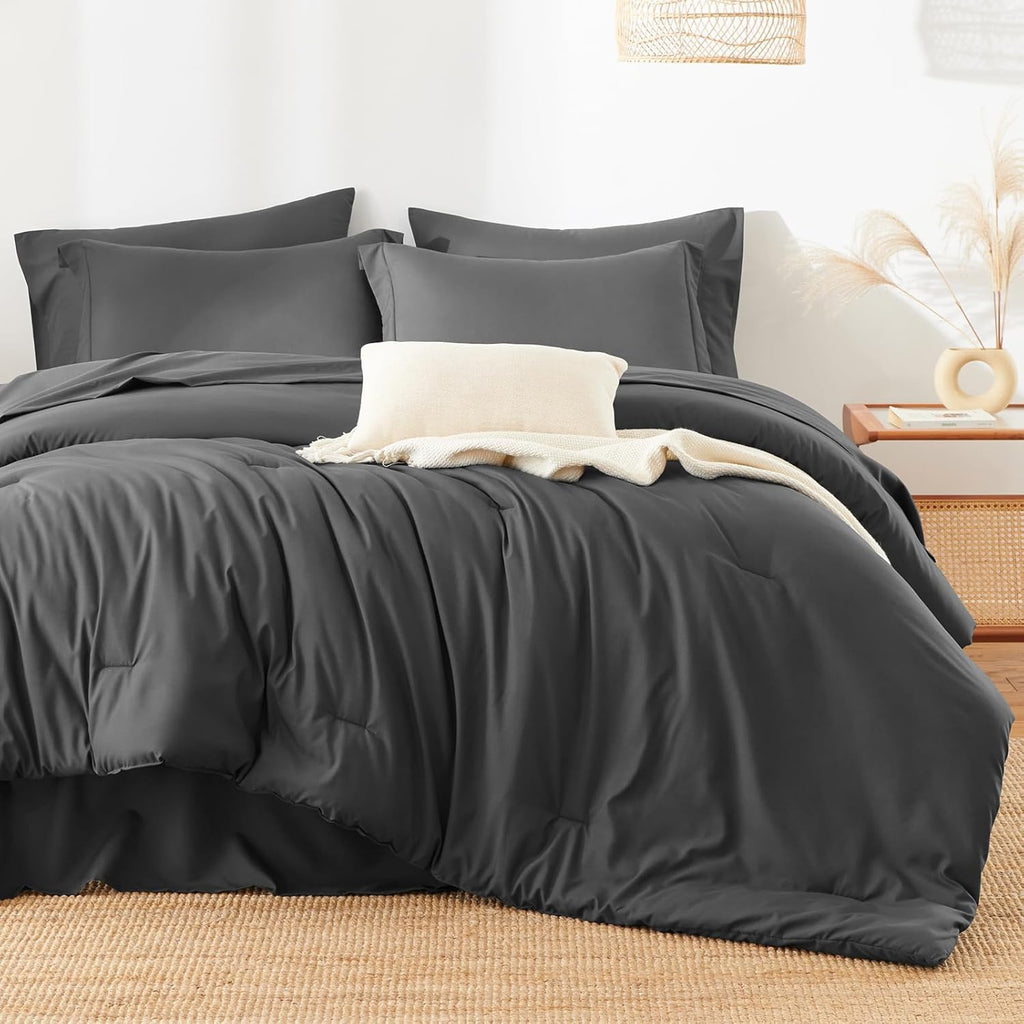 Queen Comforter Set - 7 Pieces Bed in a Bag Queen Size, Luxury Comforter Set with Sheets for All Season, Bed Set with Comforter, Flat Sheet, Fitted Sheet, Pillowcases & Shams, Dark Grey