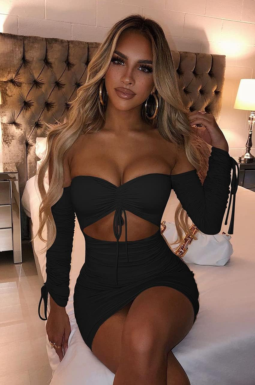 GOBLES Women'S Sexy Tube Long Sleeve Cutout Drawstring Ruched Bodycon Mini Club Dress Black