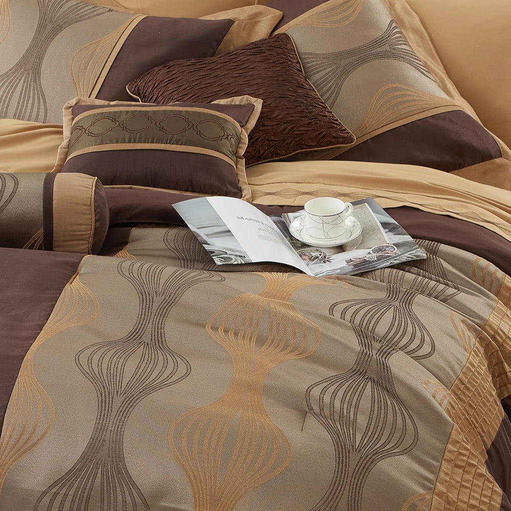 Grand Avenue Elegant Jacquard Brown Comforter Set, Size Queen, 7 Piece Bed in a Bag, Striped Bedding Set All Season, Matching Decorative Pillows, Pillow Shams & Bed Skirt