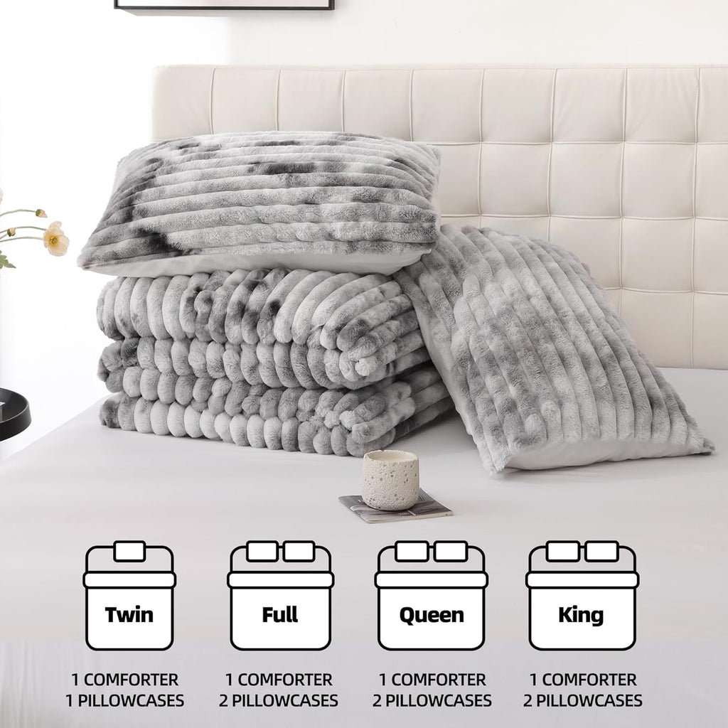 Smoofy Fluffy King Size Comforter Set 3 Pieces - Tie-Dye Grey Fleece Fluffy Comforter Set, Luxury Fuzzy King Bedding Set, Soft King Bed Set All Season, Heavy Faux Fur Comforter with 2 Pillow Cases