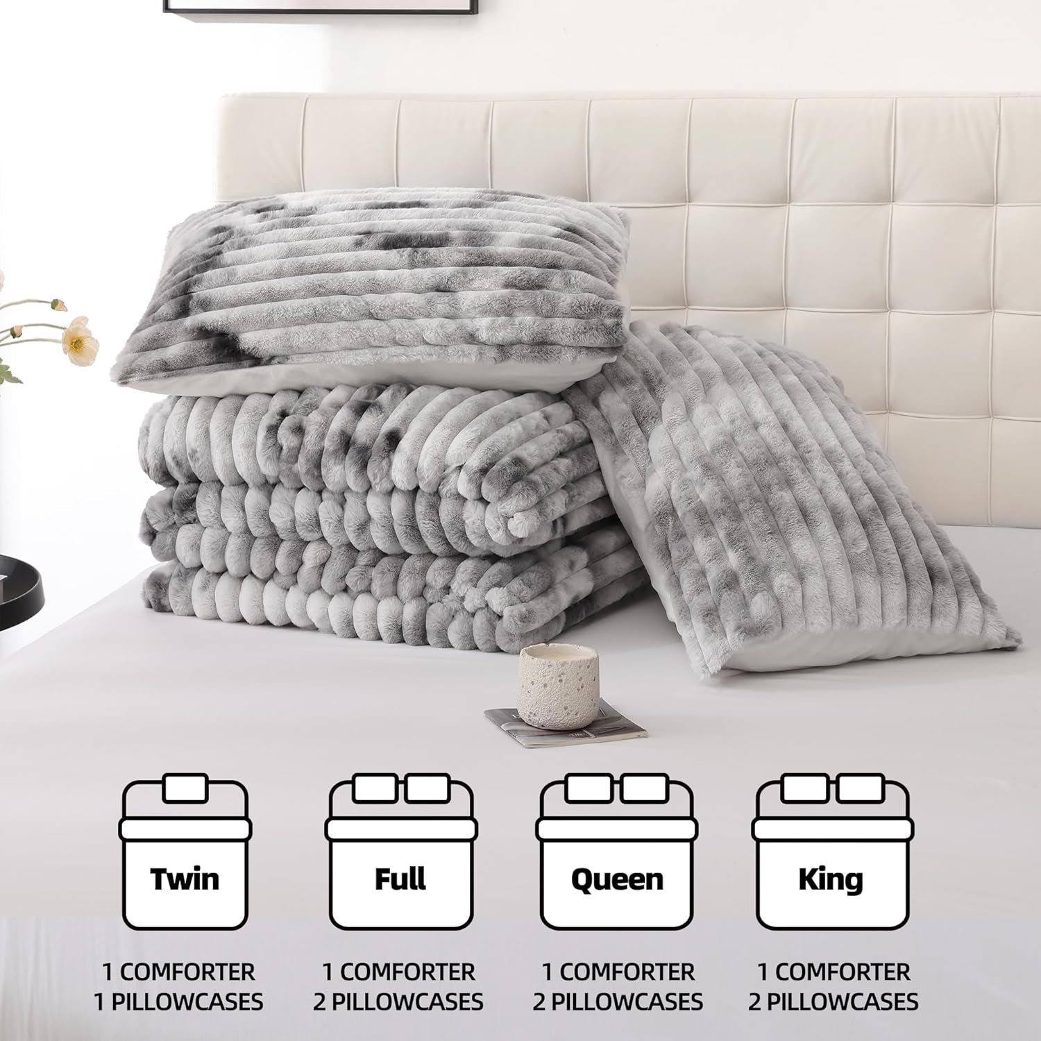 Smoofy Fluffy King Size Comforter Set 3 Pieces - Tie-Dye Grey Fleece Fluffy Comforter Set, Luxury Fuzzy King Bedding Set, Soft King Bed Set All Season, Heavy Faux Fur Comforter with 2 Pillow Cases
