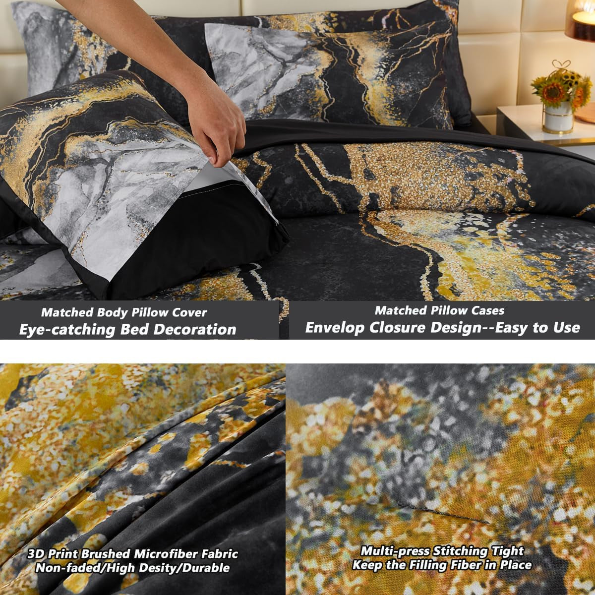 PERFEMET 6 PCS Bed in a Bag Black Watercolor Marble Printed Comforter Set for Queen Bed Burning Mountain Pattern Bedding Set with Sheets Retro Artwork Design Quilt Sets(Black, Queen)