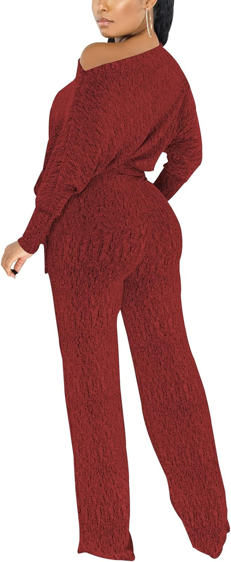 Zonjie Sexy Sparkly Sequin Jumpsuits for Women Elegant plus Size off Shoulder Long Sleeves Wide Leg Pants Clubwear Rompers,Wine Red