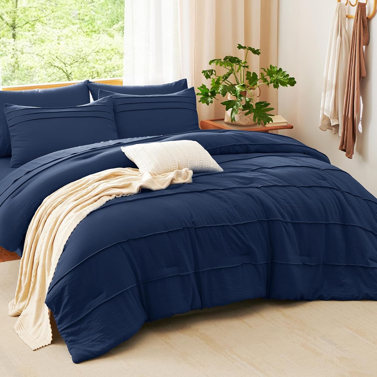 Cozylux Queen Comforter Set Navy Blue, 7 Pieces Soft Pinch Pleat Bed in a Bag Queen Comforter Set with Sheets, Boho Bed Set with down Alternative Comforter, Sheets, Pillowcases & Shams