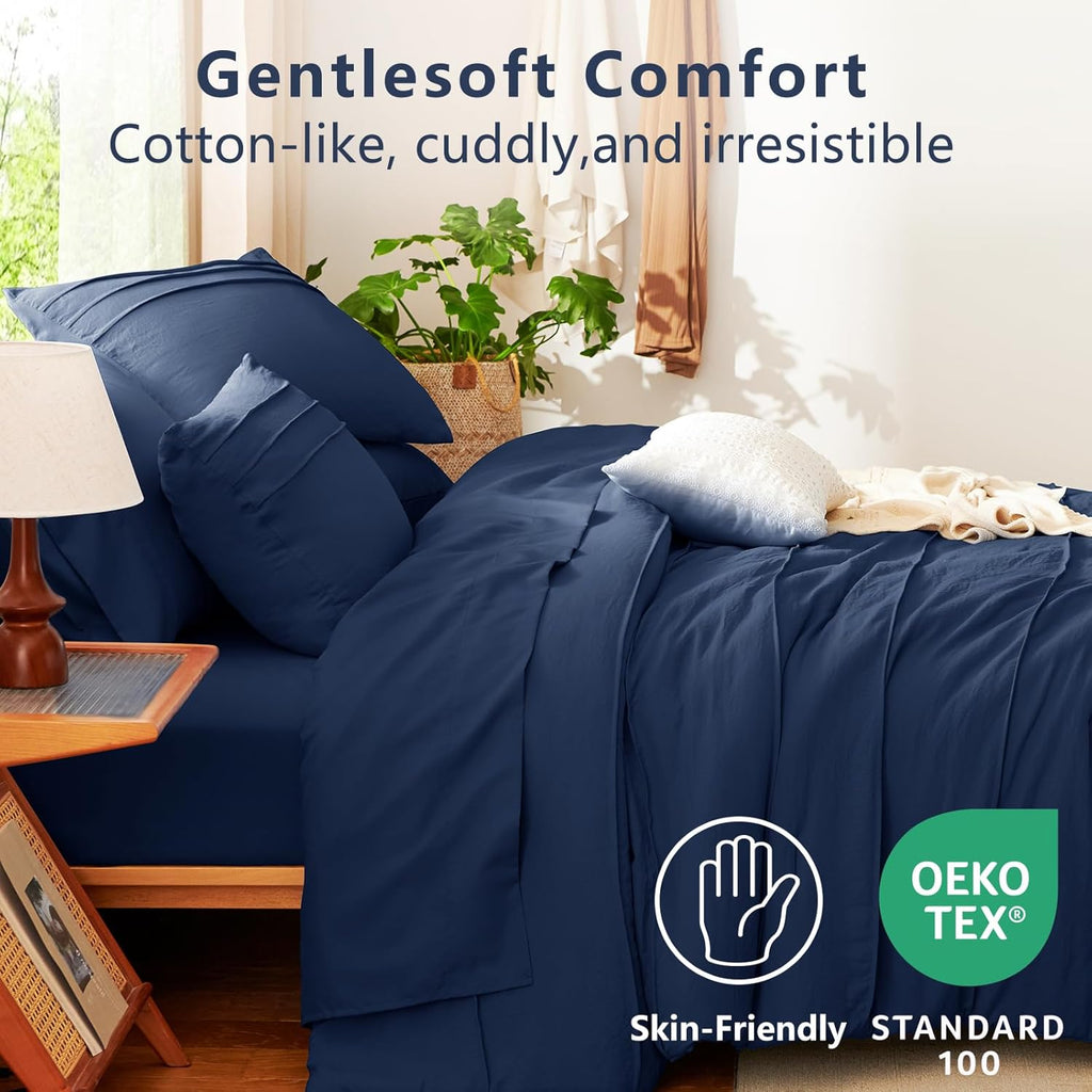 Cozylux Queen Comforter Set Navy Blue, 7 Pieces Soft Pinch Pleat Bed in a Bag Queen Comforter Set with Sheets, Boho Bed Set with down Alternative Comforter, Sheets, Pillowcases & Shams