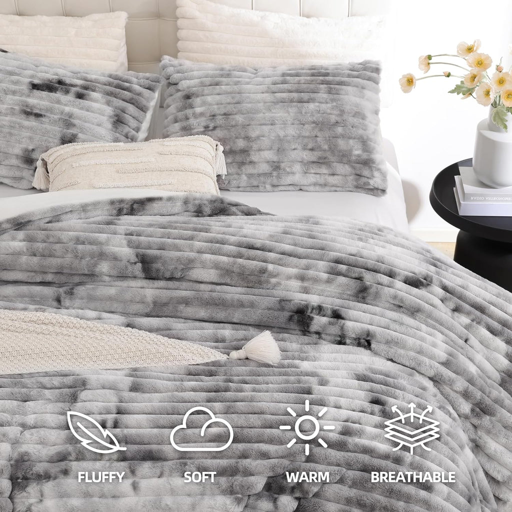 Smoofy Fluffy King Size Comforter Set 3 Pieces - Tie-Dye Grey Fleece Fluffy Comforter Set, Luxury Fuzzy King Bedding Set, Soft King Bed Set All Season, Heavy Faux Fur Comforter with 2 Pillow Cases