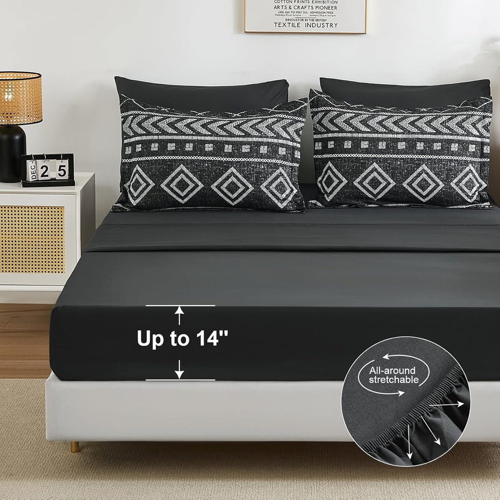 Yiran King Size Comforter Set, 7 Pieces Boho Bed in a Bag, Black Bedding Set for All Seasons, Lightweight Comforter Bed Set with Sheets, Pillowcases & Shams