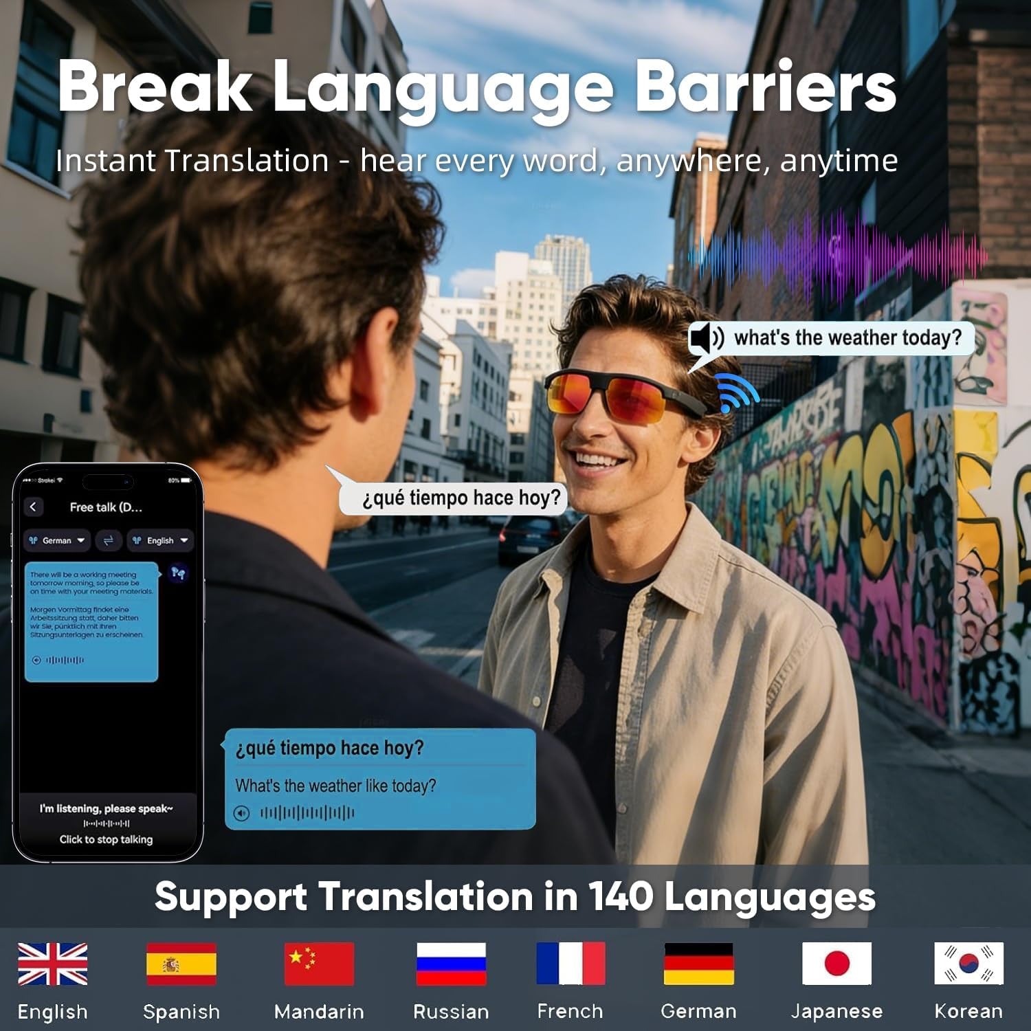Al Smart Glasses for Men Women, Bluetooth Translation Glasses with 164+ Languages, UV400 Sunglasses, Bluetooth 5.4 Glasses W/Music & Hands-Free Calling, for Outdoor Sports & Travel
