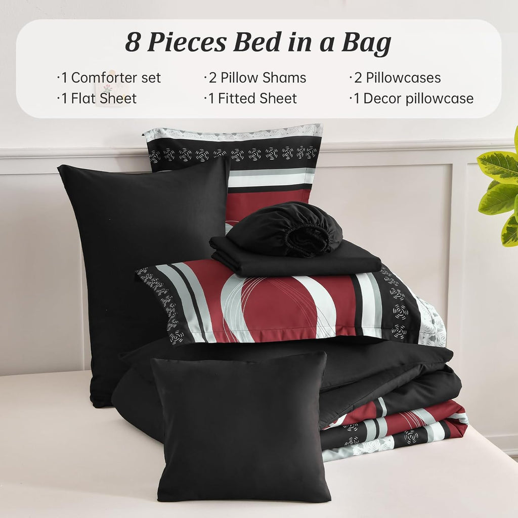 Anibedding Burgundy Comforter Set King Size,8 Pieces Bed in a Bag Patchwork Striped Bedding Sets,Boho Soft Microfiber Bedding Set for All Season(104"×90")