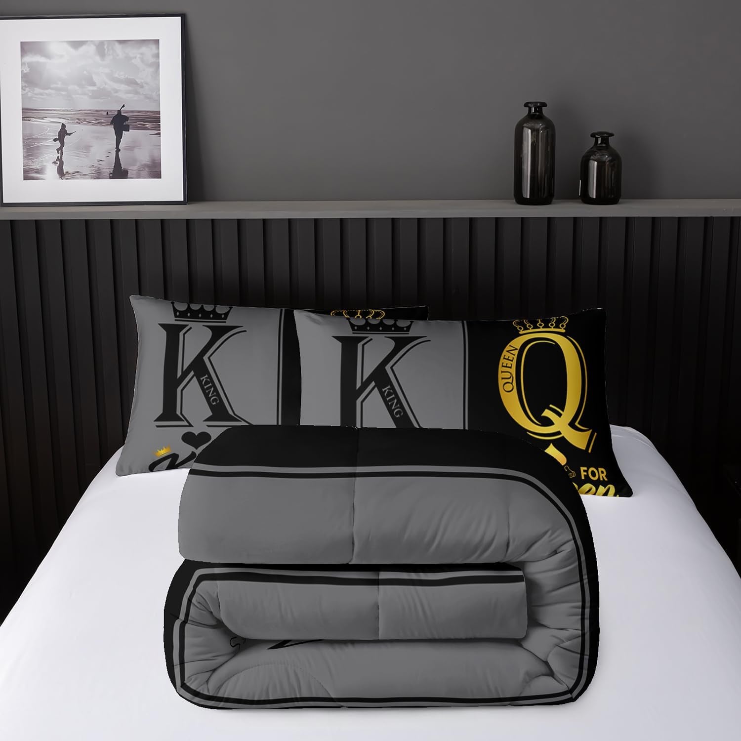 Nttopship King and Queen Crown Comforter Set Black and Gray Couple Bedding Set，3Pcs Mr Mrs Comforter Set for Adults Couple Men Women,His and Hers Quilt Set 2 Pillowcases Bedroom Decor King