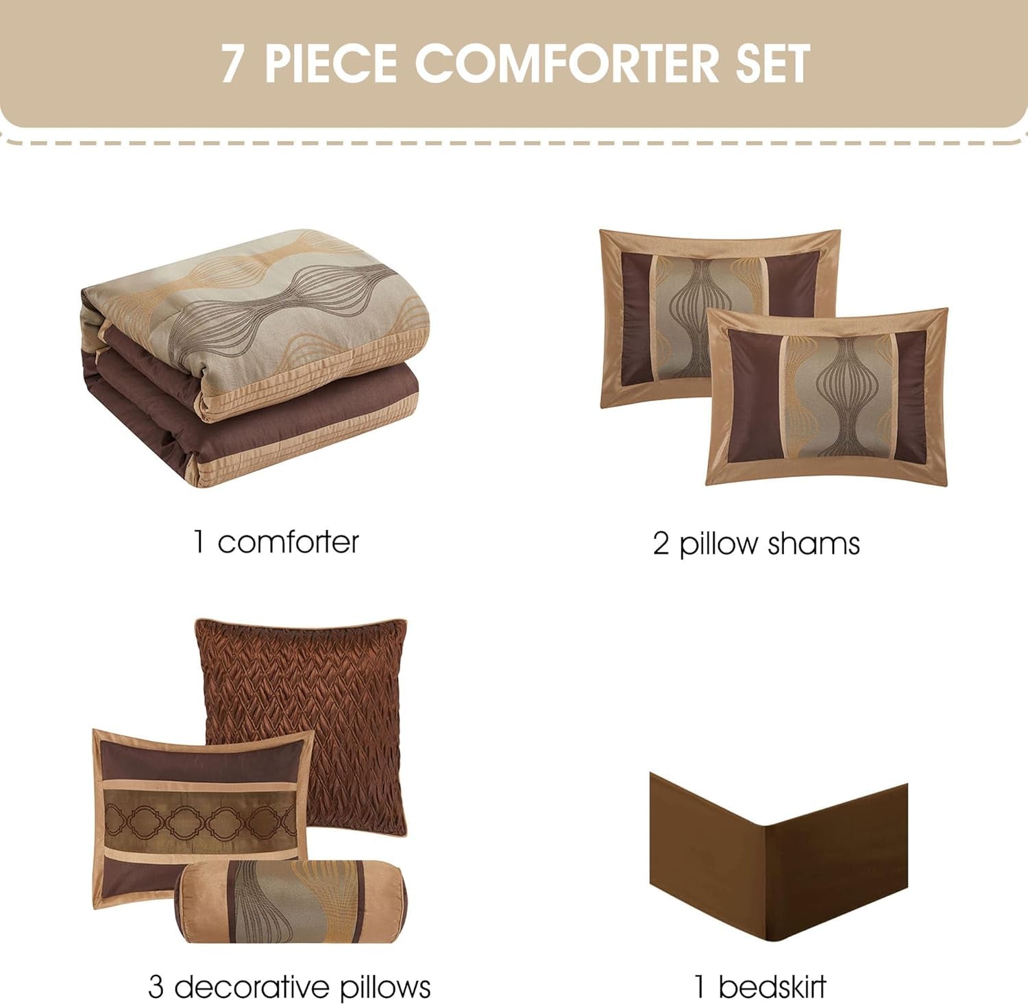Grand Avenue Elegant Jacquard Brown Comforter Set, Size Queen, 7 Piece Bed in a Bag, Striped Bedding Set All Season, Matching Decorative Pillows, Pillow Shams & Bed Skirt