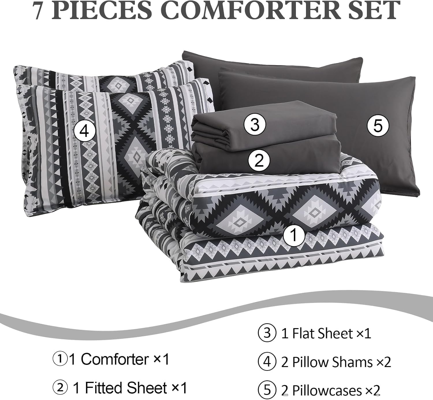 Dinjoy Dark Grey Boho Comforter Set Queen Size,7 Pieces Bed in a Bag Queen Warm Black Bedding Sets with Sheets Aztec Comforters Mens Striped Complete Set for Fall Winter 90"X90"