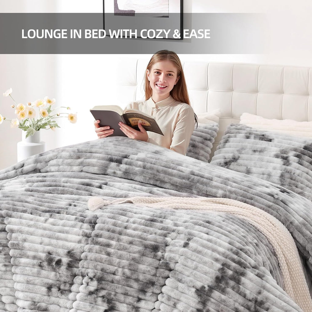 Smoofy Fluffy King Size Comforter Set 3 Pieces - Tie-Dye Grey Fleece Fluffy Comforter Set, Luxury Fuzzy King Bedding Set, Soft King Bed Set All Season, Heavy Faux Fur Comforter with 2 Pillow Cases
