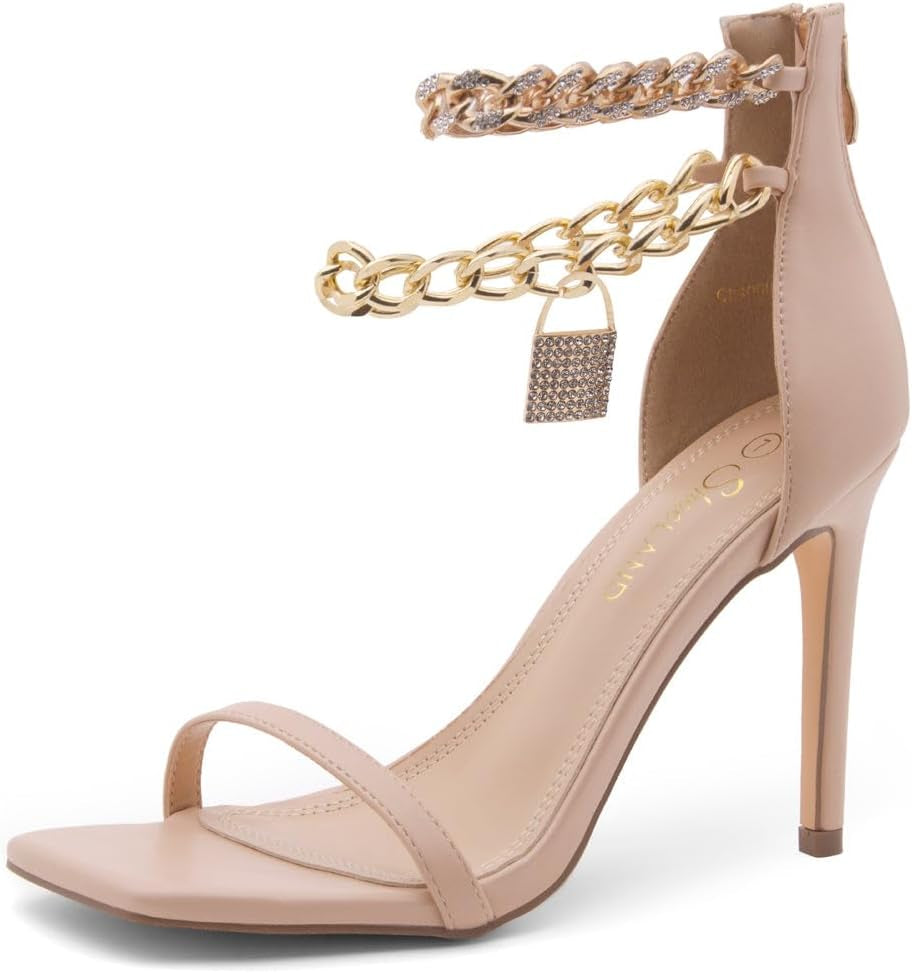 Shoe Land Charming2 Women'S Rhinestone Heels, Square Open Toe High Stilettos with Spiral Ankle Wrap Strap – Coil Spiral High Heeled Crystal Dress Sandals for Party, Nude,Size 11.0