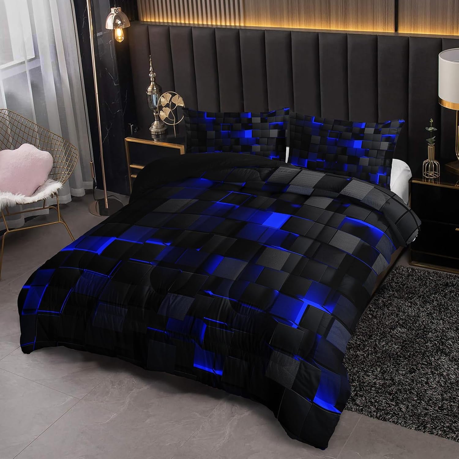 Nttopship Neon Blue Black Comforter Set King Geometric Kids Bedding Set,3 PCS Geometry Honeycomb Bed Set Modern Quilt Set 1 Comforter 2 Pillow Cases Cool Room Decor All Season B-Side Black