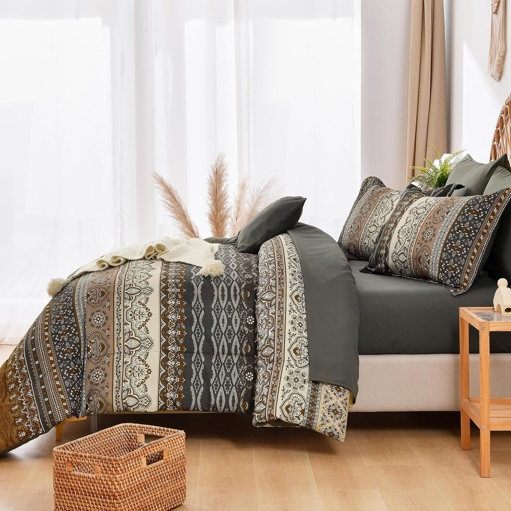 Cottolester Boho Queen Comforter Set 8 Pieces,Brown Black Bohemian Comforter Paisley Striped Bed in a Bag,Soft Microfiber Bedding Set for All Season