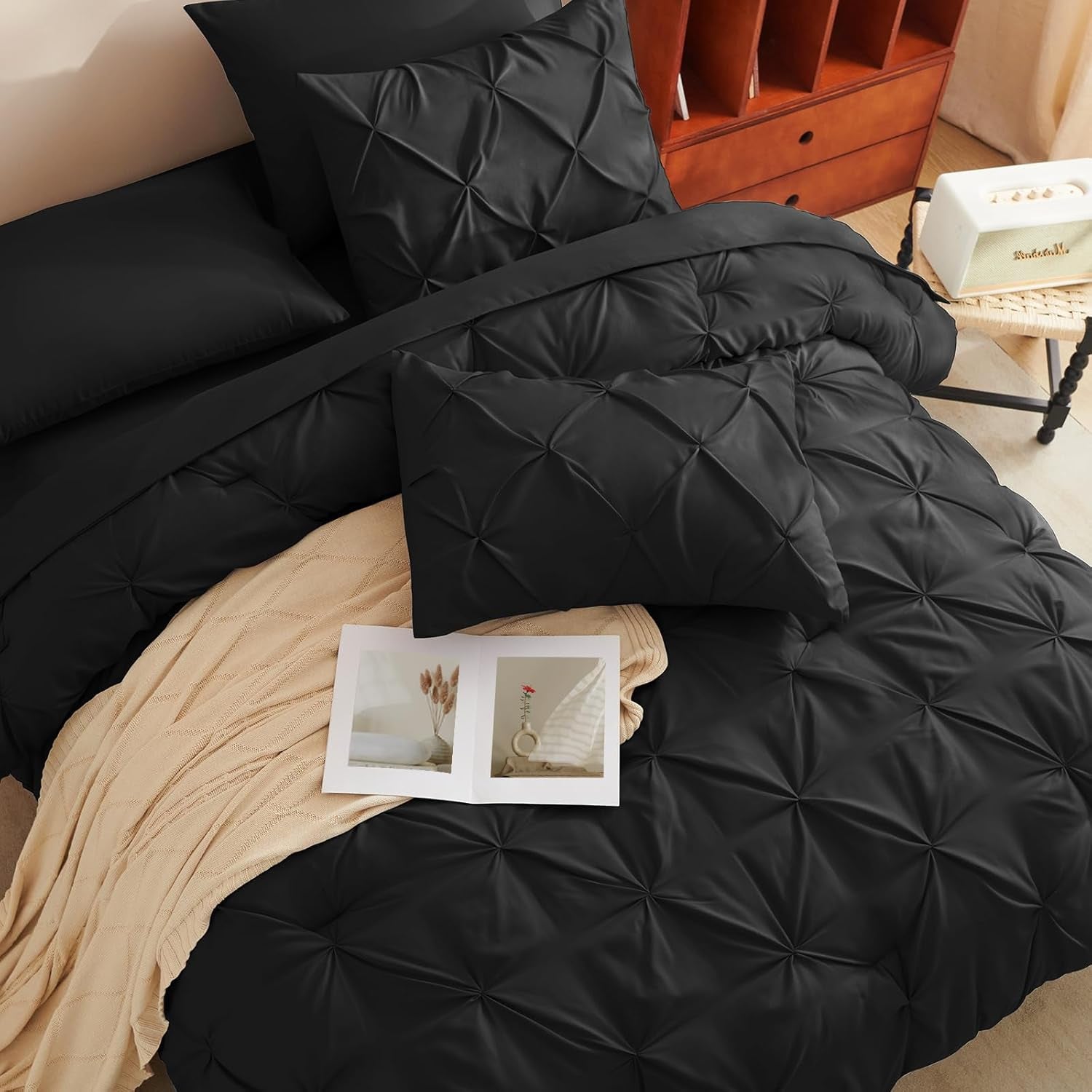 Pintuck Bed in a Bag, 7 Pieces Queen Size Comforter Set Black, Luxury Pinch Pleat Bed in a Bag, Soft All Season Bedding Sets with Comforter, Flat Sheet, Fitted Sheet and Pillowcases & Shams