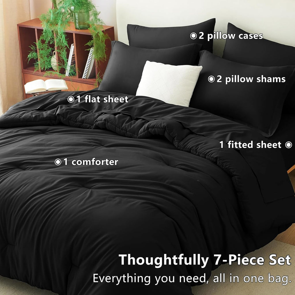 Cozylux Queen Comforter Set Black, 7 Pieces Bed in a Bag Soft Bedding Comforter Set with Sheets, All Season Boho 7PC Bed Sets with Comforter, Fitted Sheets, Flat Sheets, Pillow Shams and Pillowcases