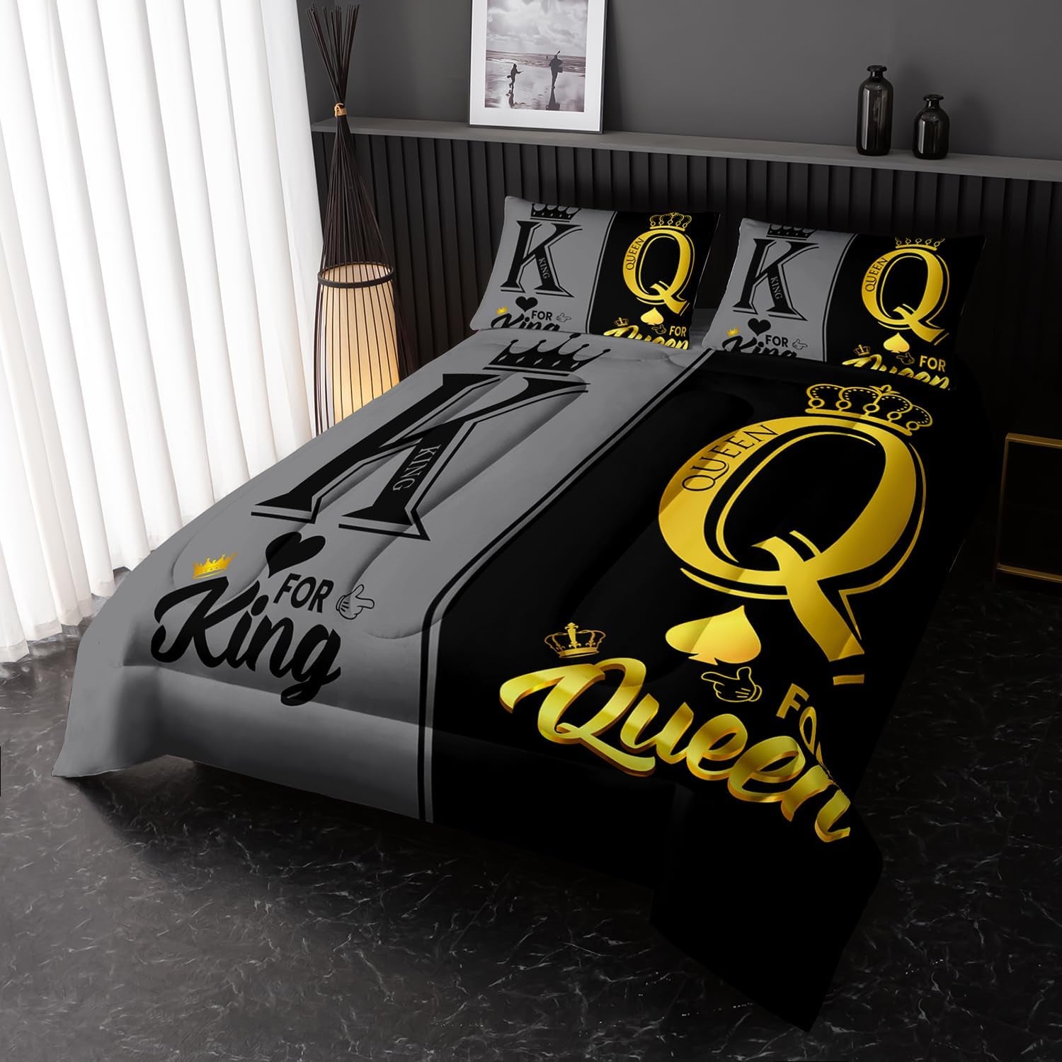 Nttopship King and Queen Crown Comforter Set Black and Gray Couple Bedding Set，3Pcs Mr Mrs Comforter Set for Adults Couple Men Women,His and Hers Quilt Set 2 Pillowcases Bedroom Decor King