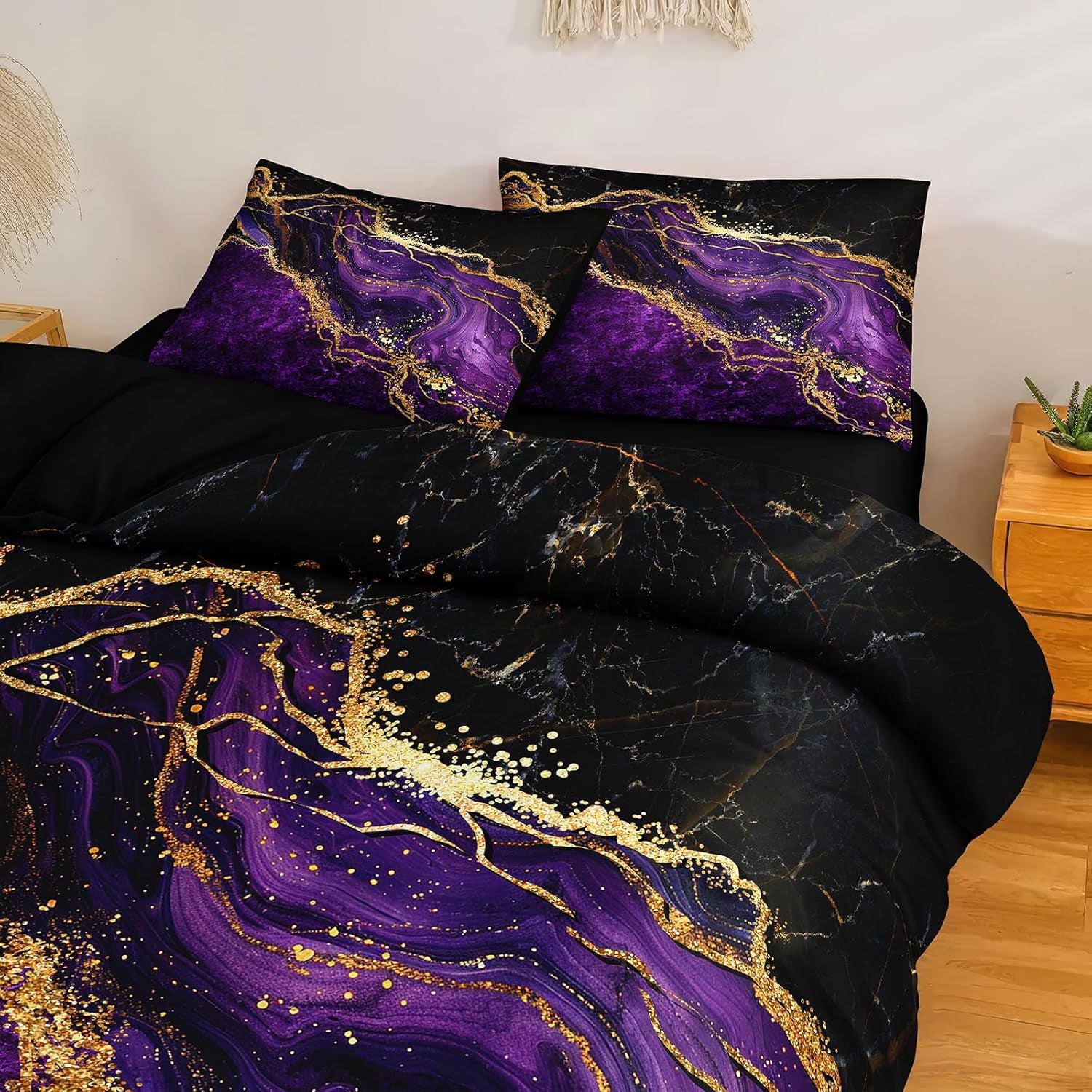 Black Gold Comforter Set Purple Marble Bedding Set King Size Black Marble Stone Abstract Artwork Bedroom Decor Black Marble Comforter Sets for All Season