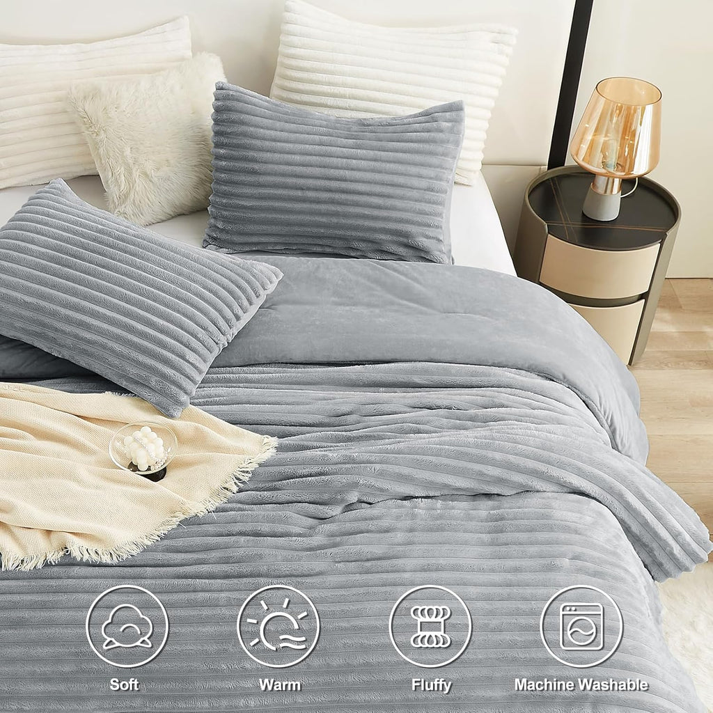 Cozylux Fluffy Queen Comforter Set - Super Soft Faux Fur Grey Comforter Queen Size, Winter Warm Fleece Bedding Set, 3 Pieces Plush Fuzzy Bed Set (1 Shaggy Comforter, 2 Pillowcases)