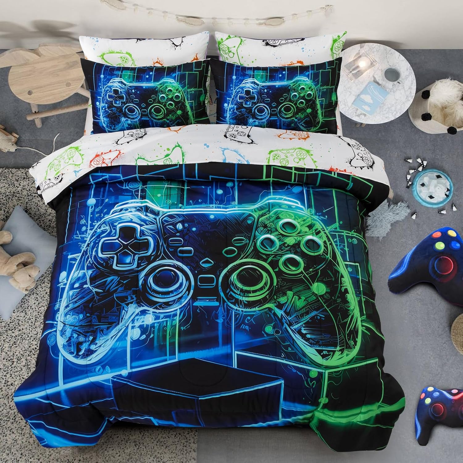 A Nice Night 5Pcs Gaming Comforter Set,Blue Green 3D Game Contoller Themed Keyboard Printing Bedding Sets for Kids Teen Boys, Reversible Comforter for All Seasons,Twin