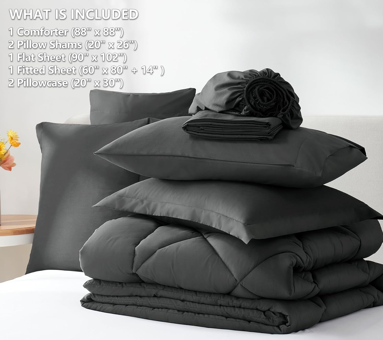 Cozylux Queen Comforter Set Dark Grey - Bed in a Bag Queen Size 7 Pieces, Luxury Soft Bed Set for All Seasons, Bedding Set with Comforter, Sheets, Pillowcases & Shams, Dark Gray, Queen