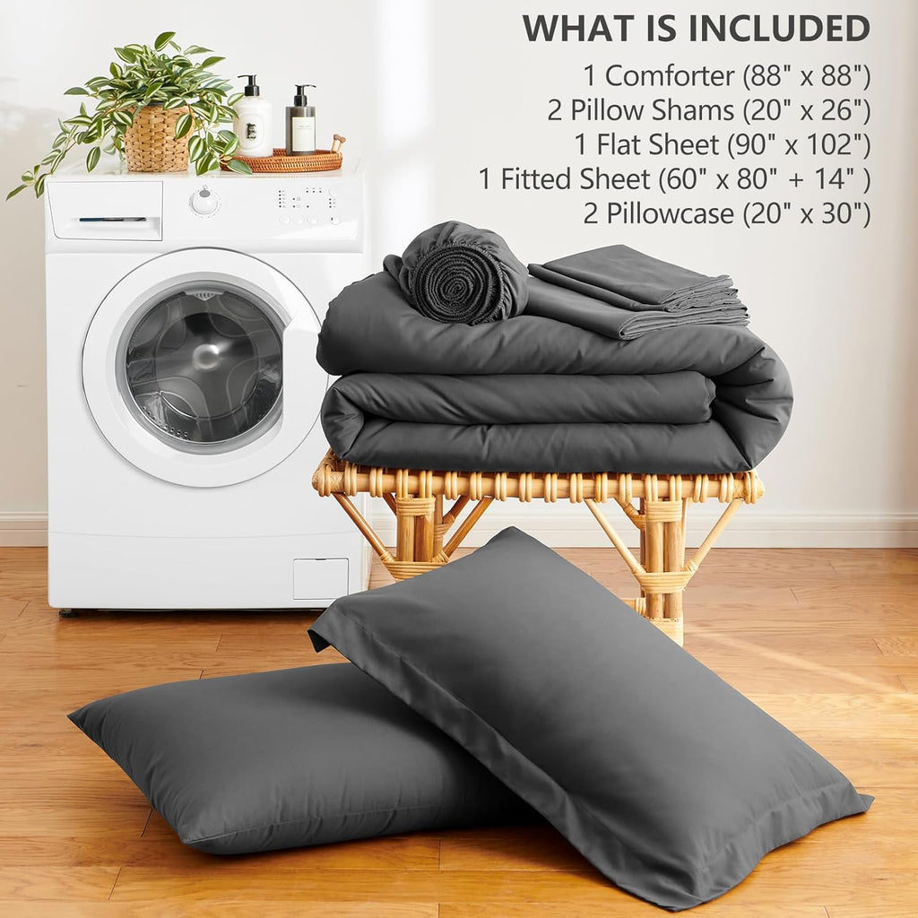 Queen Comforter Set - 7 Pieces Bed in a Bag Queen Size, Luxury Comforter Set with Sheets for All Season, Bed Set with Comforter, Flat Sheet, Fitted Sheet, Pillowcases & Shams, Dark Grey