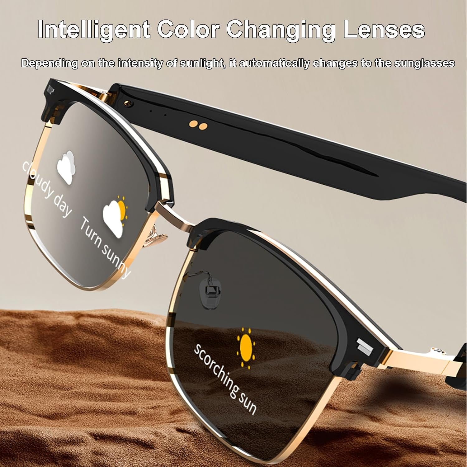 Smart Glasses,Bluetooth Glasses for Men Women,Open Ear Sounds,Transitional Lens for Outerdoor Sport,Audio Glasses for Music Calls (Black Gold)