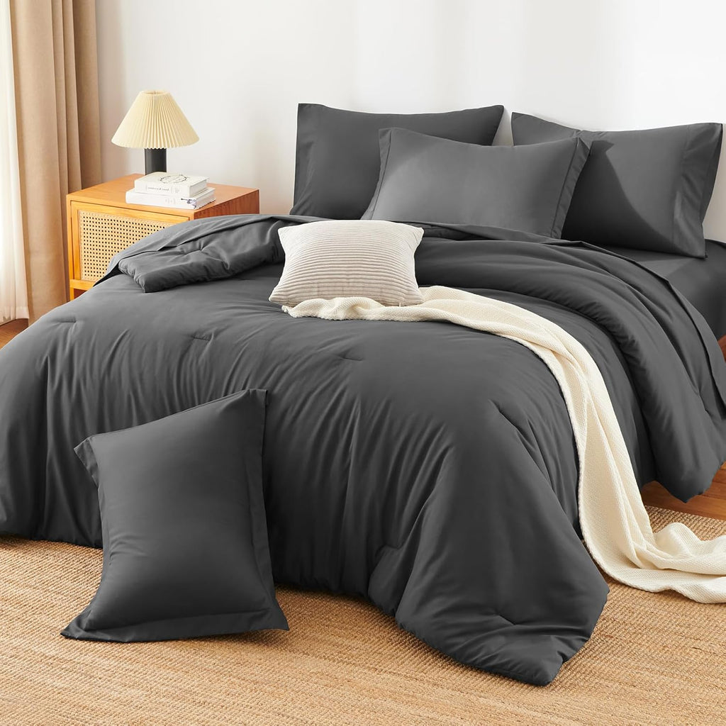 Queen Comforter Set - 7 Pieces Bed in a Bag Queen Size, Luxury Comforter Set with Sheets for All Season, Bed Set with Comforter, Flat Sheet, Fitted Sheet, Pillowcases & Shams, Dark Grey
