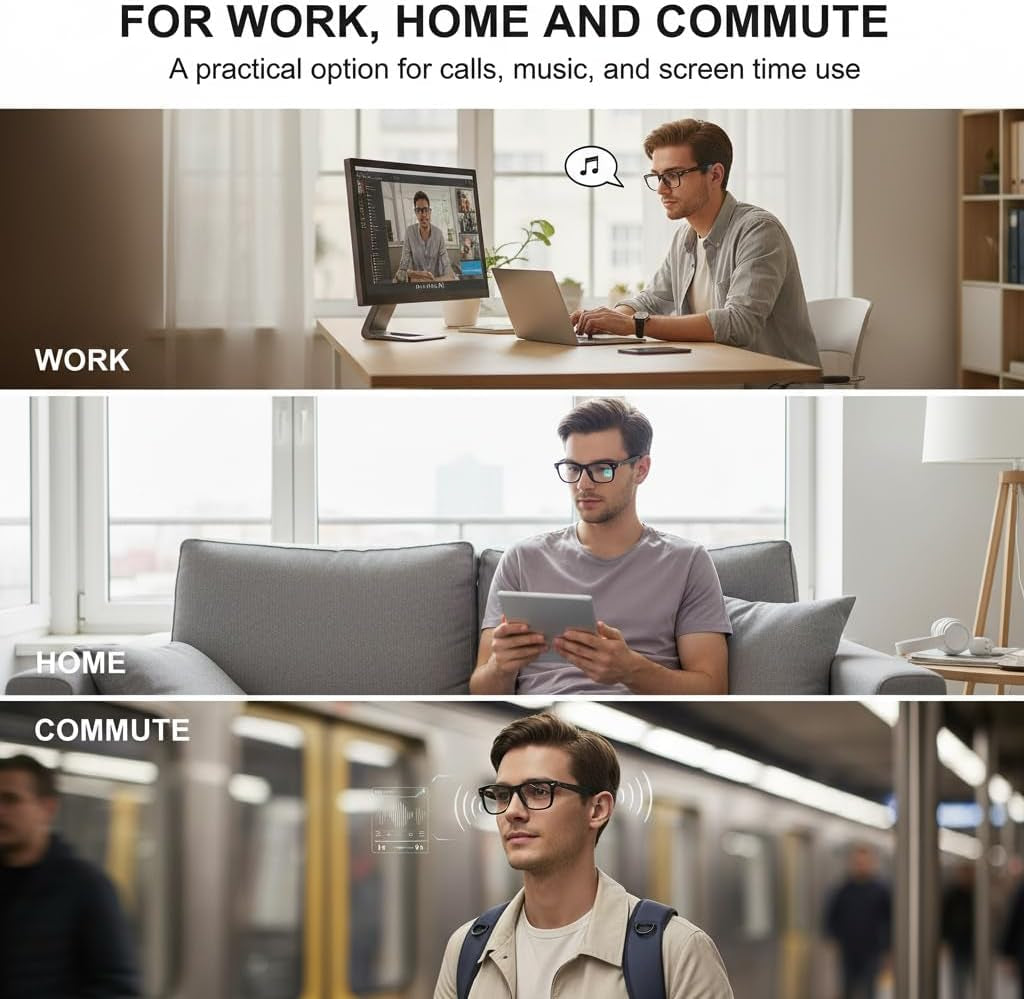 Smart Audio Glasses,Anti-Blue Light Lenses,Open Ear Bluetooth Glasses with Noise Canceling Microphone,Touch Control, IP65 Water Resistant,Lightweight Eyewear for Office & Home