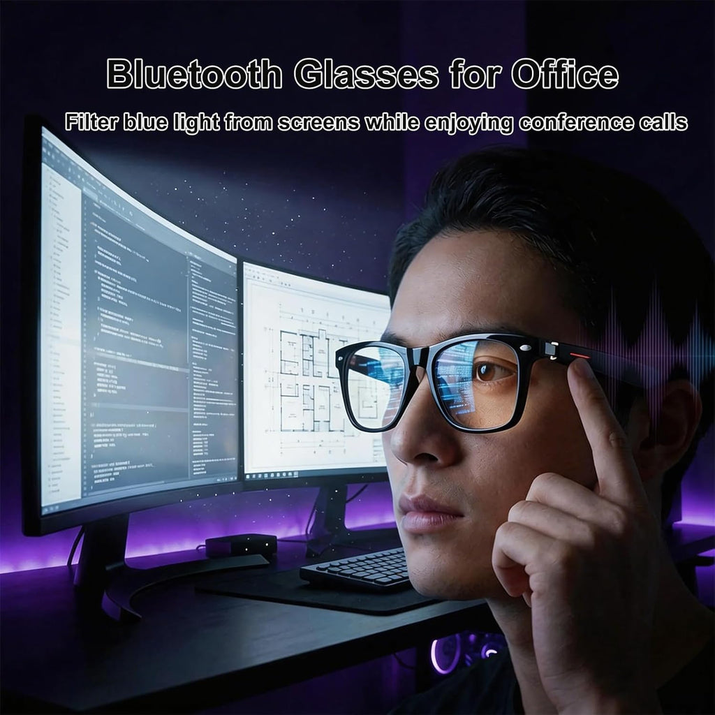 Smart Audio Glasses,Anti-Blue Light Lenses,Open Ear Bluetooth Glasses with Noise Canceling Microphone,Touch Control, IP65 Water Resistant,Lightweight Eyewear for Office & Home