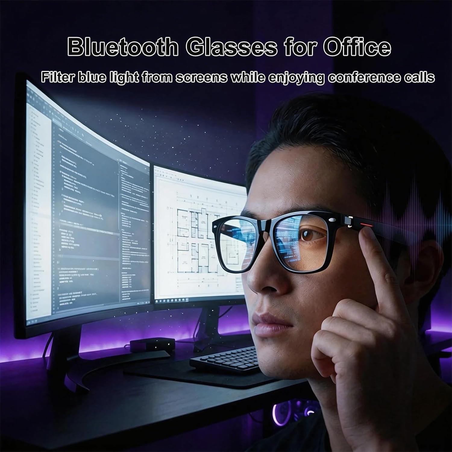 Smart Audio Glasses,Anti-Blue Light Lenses,Open Ear Bluetooth Glasses with Noise Canceling Microphone,Touch Control, IP65 Water Resistant,Lightweight Eyewear for Office & Home