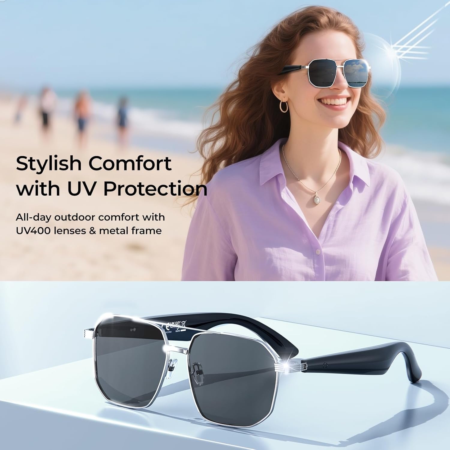 Smart AI Glasses with 100+ Language Translation, Bluetooth 5.4 Glasses with Chat GPT, Blue Light Filtering Lenses with Lightweight Metal Frame Sunglasses, Smart Glasses for Men Women Travel Business