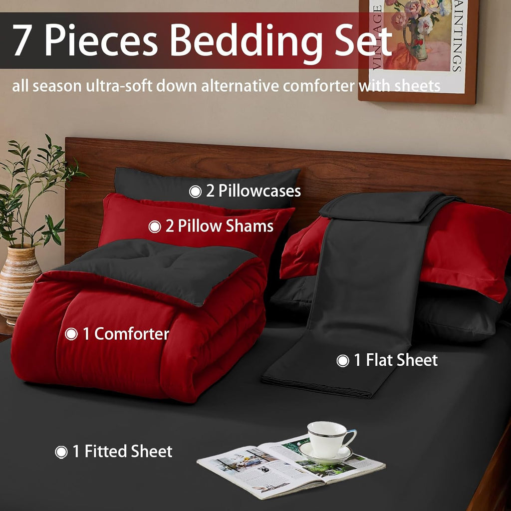 FUANNA Queen Comforter Set 7 Pieces, Reversible Queen Size Bed in a Bag with All Season Premium Comforter, Bedding Sets Includes Comforter, Flat Sheet, Fitted Sheet, Pillowcases & Shams, Red & Black