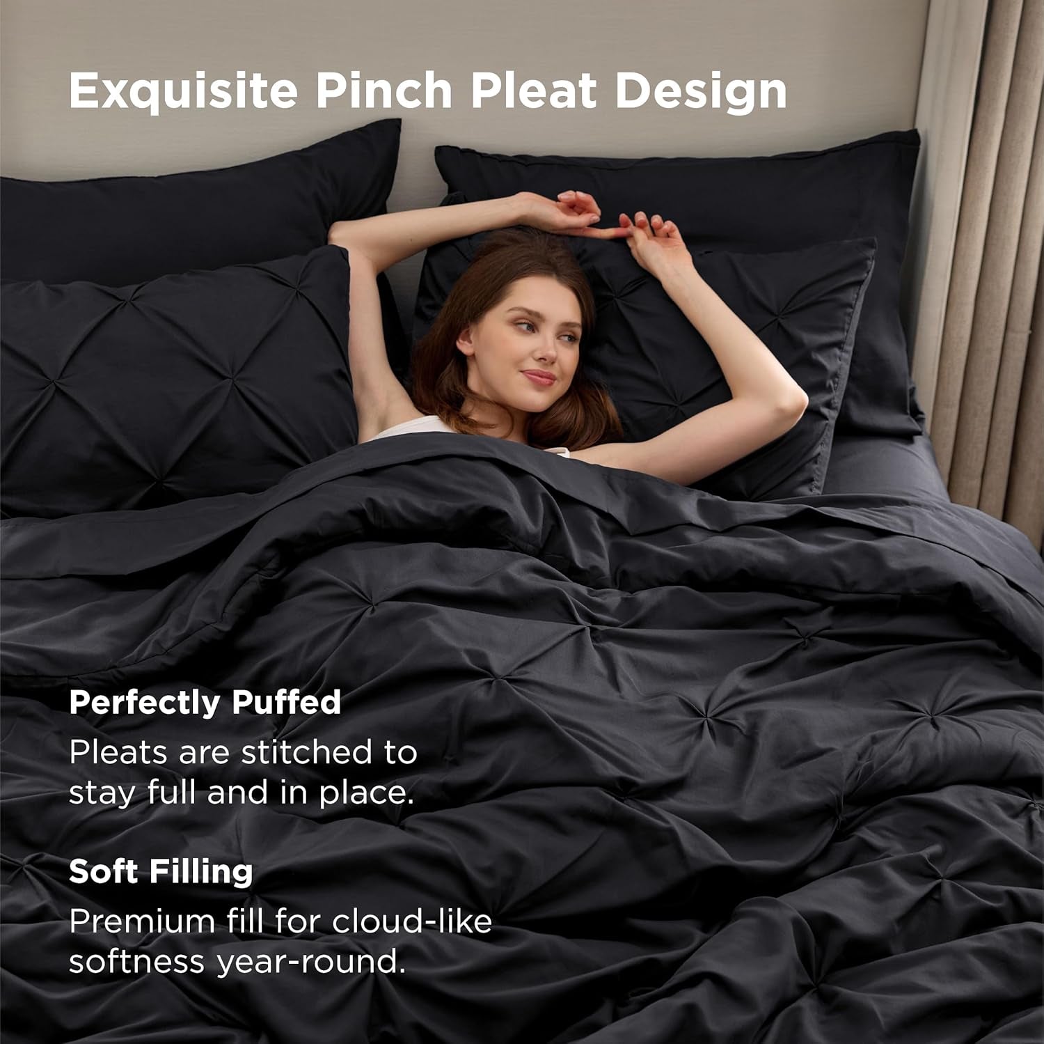 Bedsure Black Comforter Set - Bed in a Bag Queen Size Gothic Bedding 7 Pieces, Gentlesoft™ Pintuck Bed Set Gift for Family, All Season down Alternative Comforter with Sheets, Pillowcases & Shams