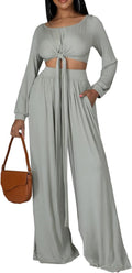 Yiershu Women'S 2 Piece Outfits Sexy Long Sleeve Tunic Tops Wide Leg Palazzo Pant Set Jumpsuit Tracksuit Sweatsuits (Gray,Large)