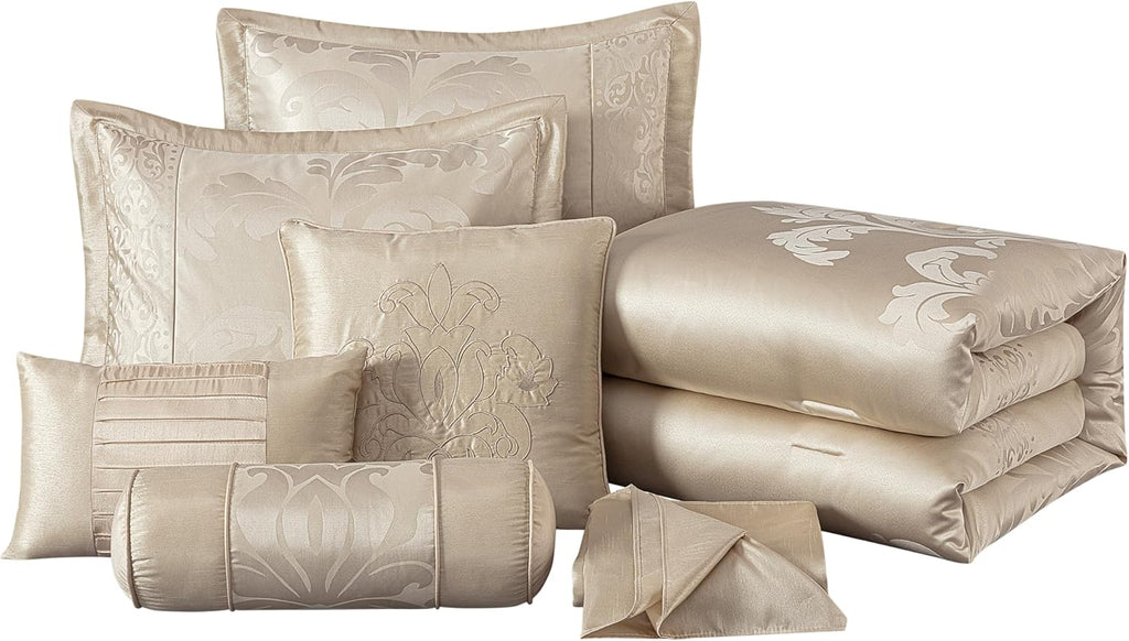 Chezmoi Collection Royale 7-Piece Jacquard Floral Comforter Set, King, Champagne
