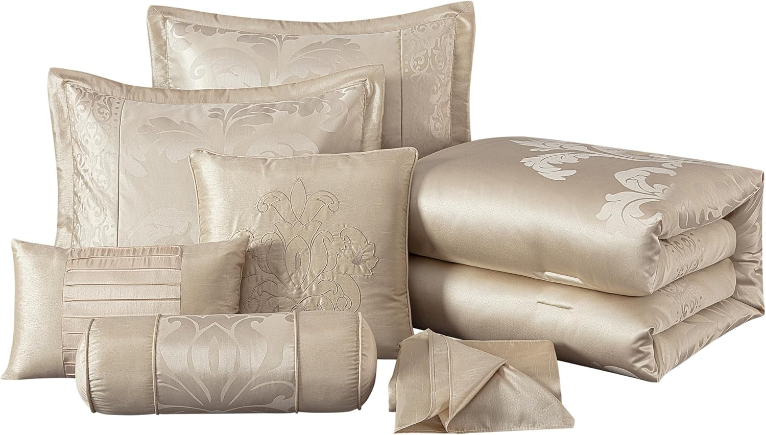 Chezmoi Collection Royale 7-Piece Jacquard Floral Comforter Set, King, Champagne