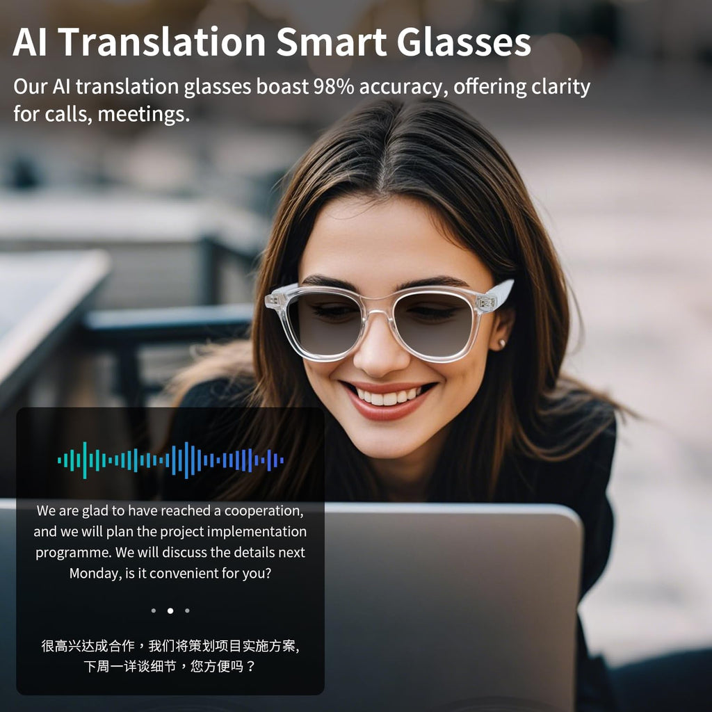 AI Smart Glasses for Men Women, Bluetooth Translation Glasses with Speakers Smart Audio Sunglasses with AI Translation (160+Languages), Photochromic Lenses, Music Glasses for Travel Business-Brown
