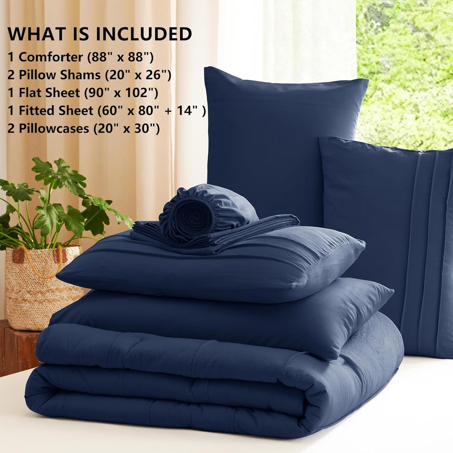 Cozylux Queen Comforter Set Navy Blue, 7 Pieces Soft Pinch Pleat Bed in a Bag Queen Comforter Set with Sheets, Boho Bed Set with down Alternative Comforter, Sheets, Pillowcases & Shams