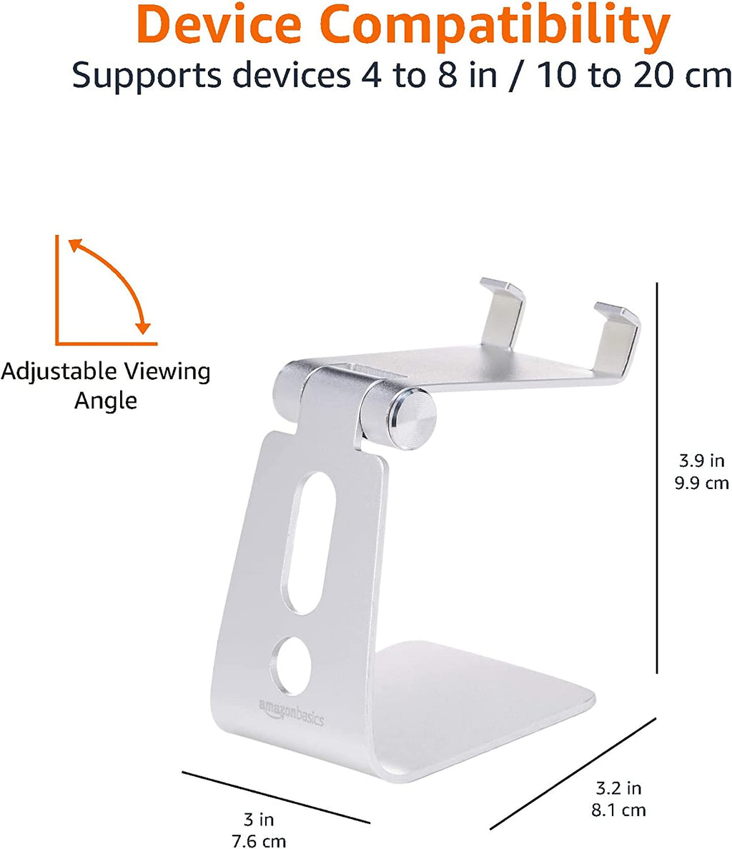 Adjustable Aluminum Phone Stand for Cell Phones, Iphone and Android, Desktop Phone Holder with Adjustable Angle, Hands-Free Viewing, 3.15 X 2.87 X 3.74 Inch, Silver