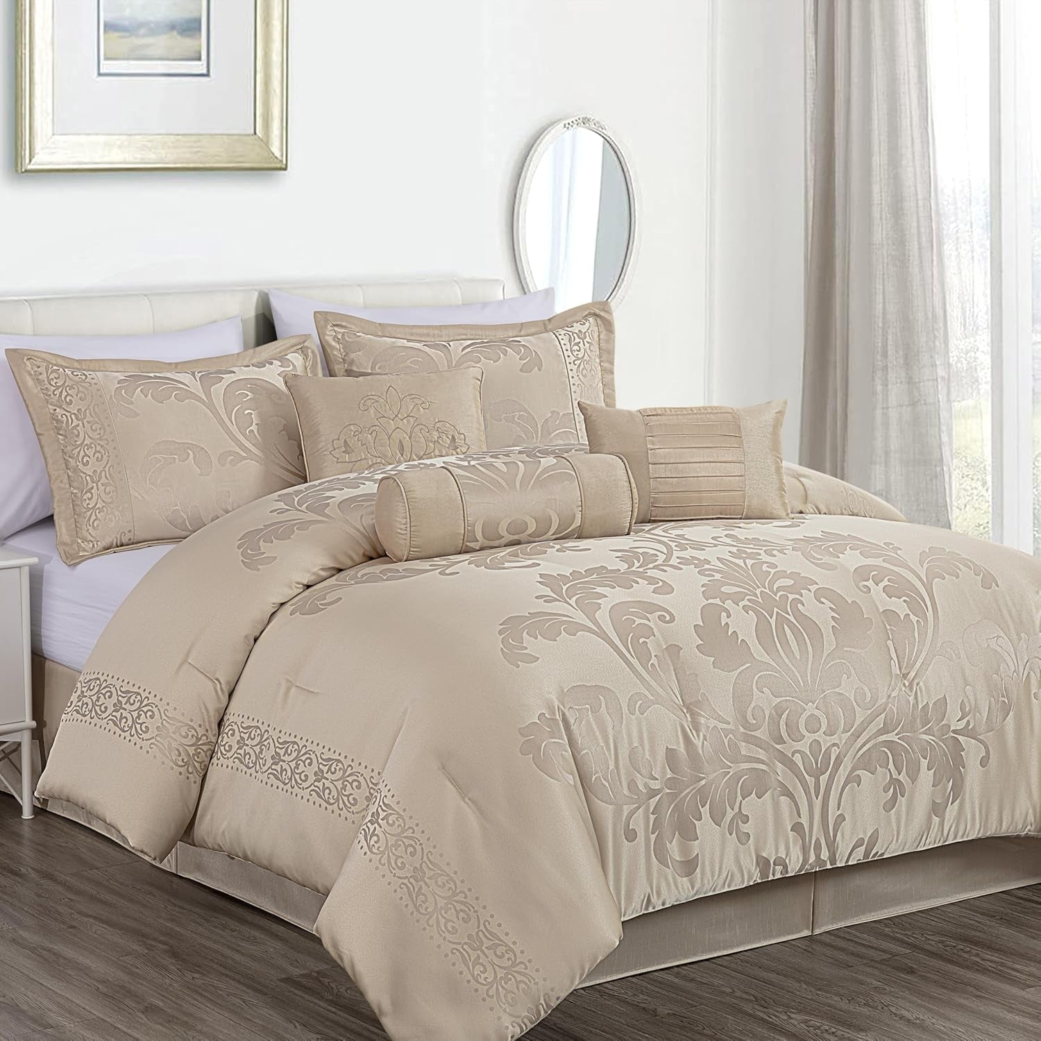 Chezmoi Collection Royale 7-Piece Jacquard Floral Comforter Set, King, Champagne