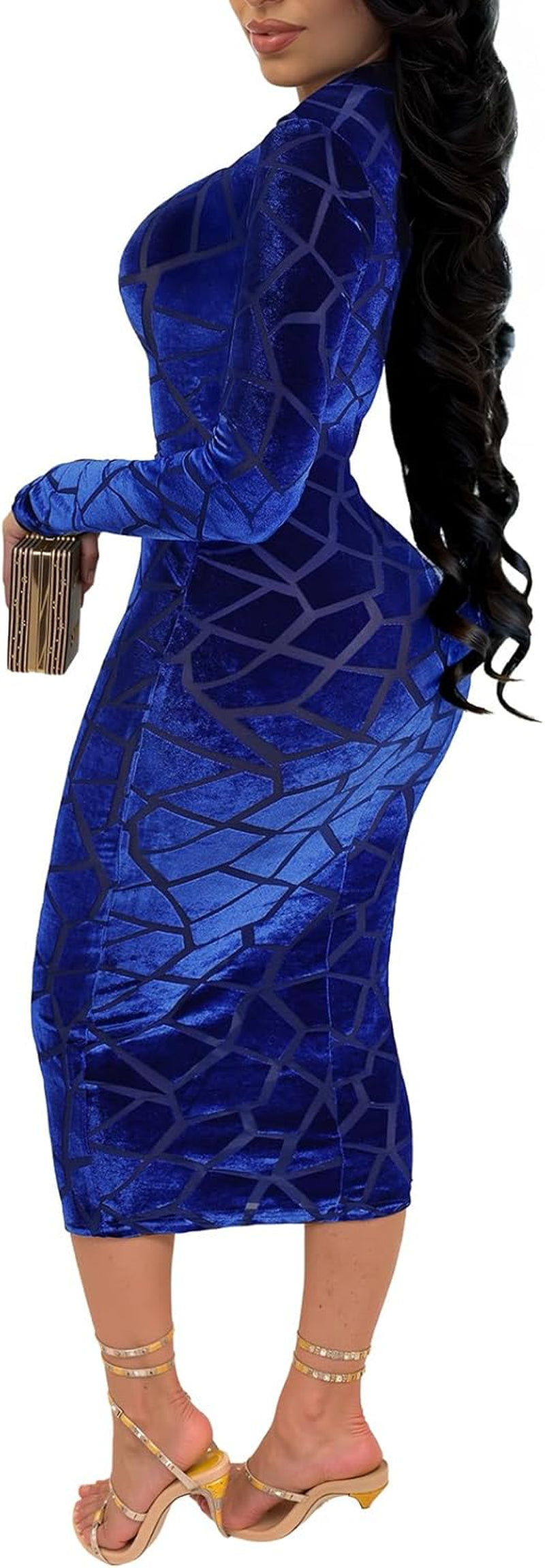 Uni Clau Women Sexy Sheer Mesh Boydcon Midi Dress See through Printed Long Sleeve Midi Skinny Clubwear Party Dress