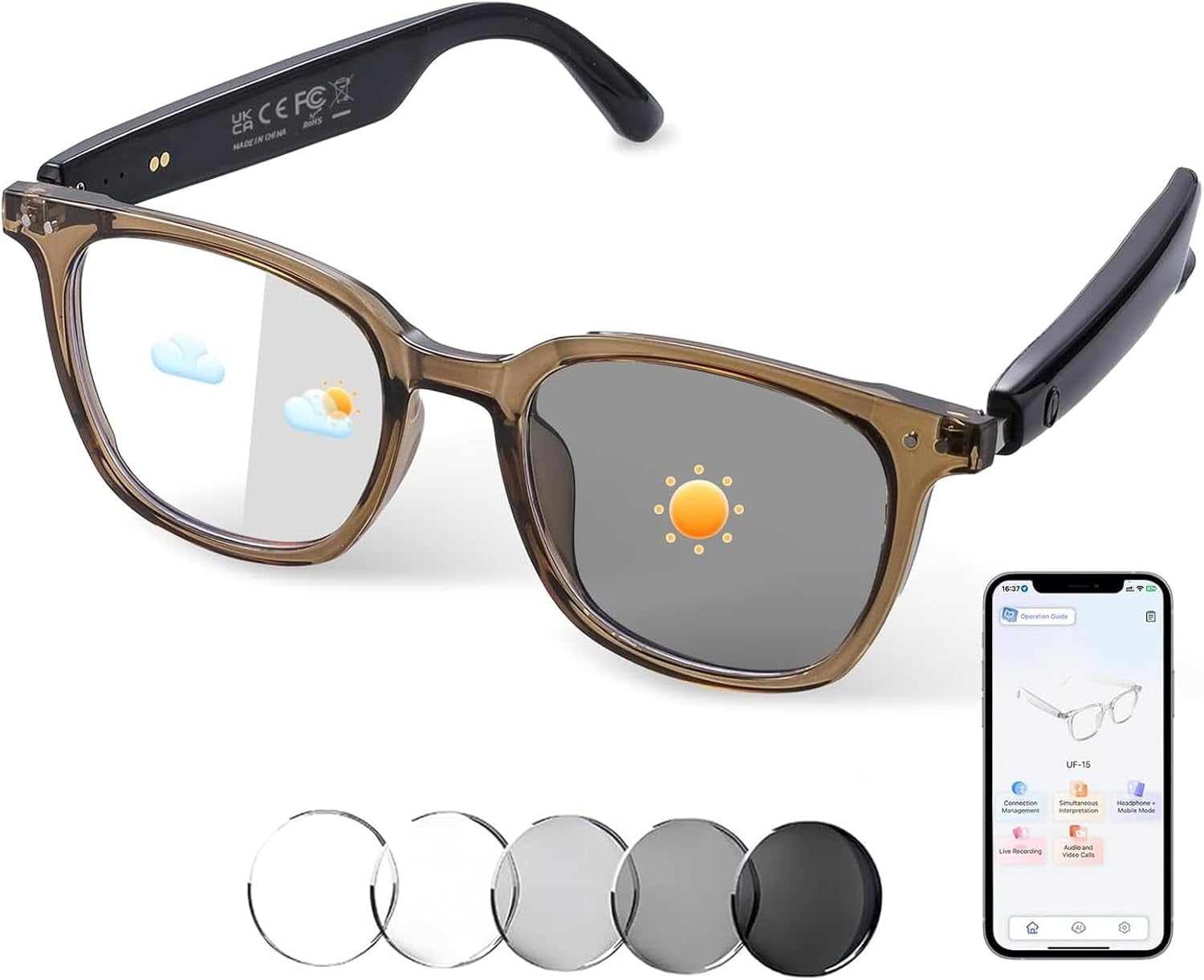 AI Smart Glasses for Men Women, Bluetooth Translation Glasses with Speakers Smart Audio Sunglasses with AI Translation (160+Languages), Photochromic Lenses, Music Glasses for Travel Business-Brown