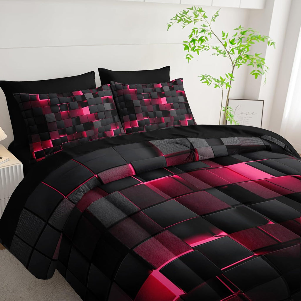 Nttopship Geometric Pink Black King Comforter Set,Light Honeycomb Bedding Set 7 Piece in a Bag,Bed Sheet Set Geometry Decor,Microfiber Lightweight All Season