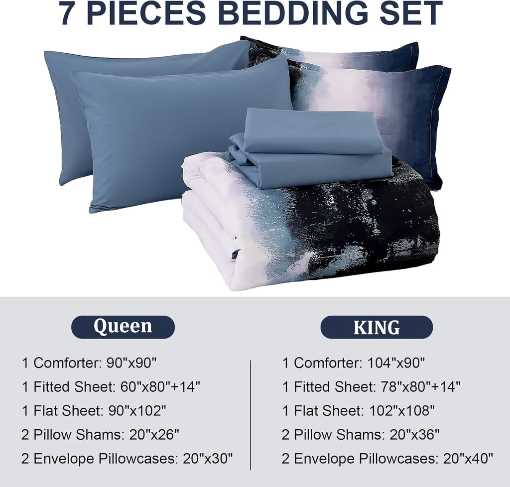 Dinjoy Ombre Blue Comforter Set King Size Gradient Navy Blue Black Boho Bedding Set for Teen Men Women 7 Pieces Bed in a Bag Bohemian Bed Set with Comforter, Sheets, Pillowcases & Shams