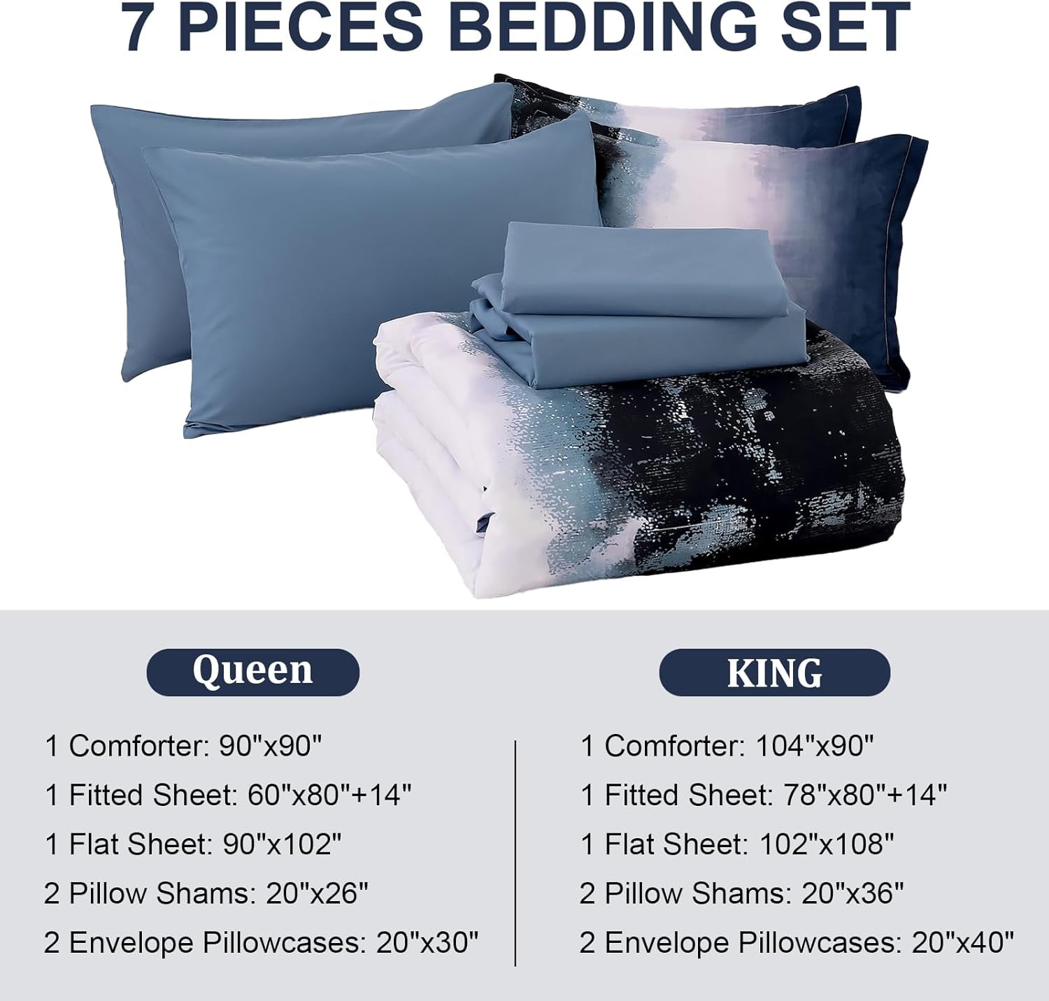 Dinjoy Ombre Blue Comforter Set King Size Gradient Navy Blue Black Boho Bedding Set for Teen Men Women 7 Pieces Bed in a Bag Bohemian Bed Set with Comforter, Sheets, Pillowcases & Shams
